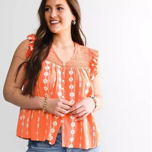 Miss me orange women's size medium embroidered cap sleeve top - Picture 1 of 9